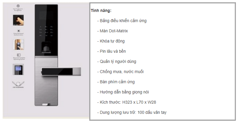 Khóa cửa vân tay Dessmann G810 3 2. Thông số kỹ thuật khóa cửa điện tử thông minh DESSMANN G810