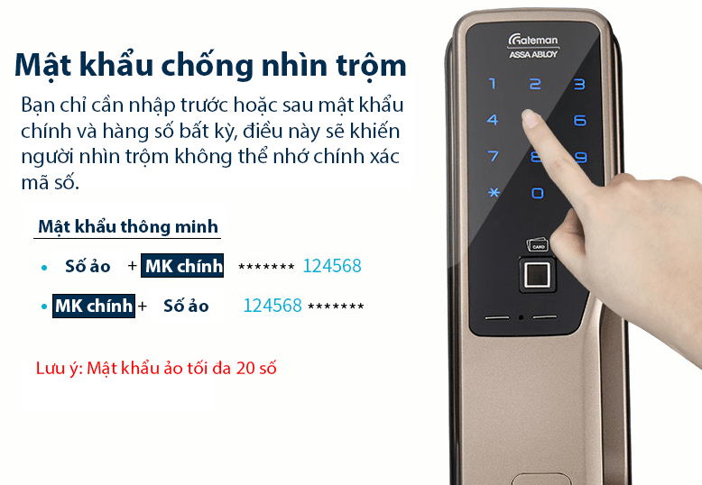 Khoá cửa vân tay - điện tử Gateman Pass700 10 7. Mã số ảo nâng cao hiệu quả bảo mật trên khoá cửa Gateman Pass 700