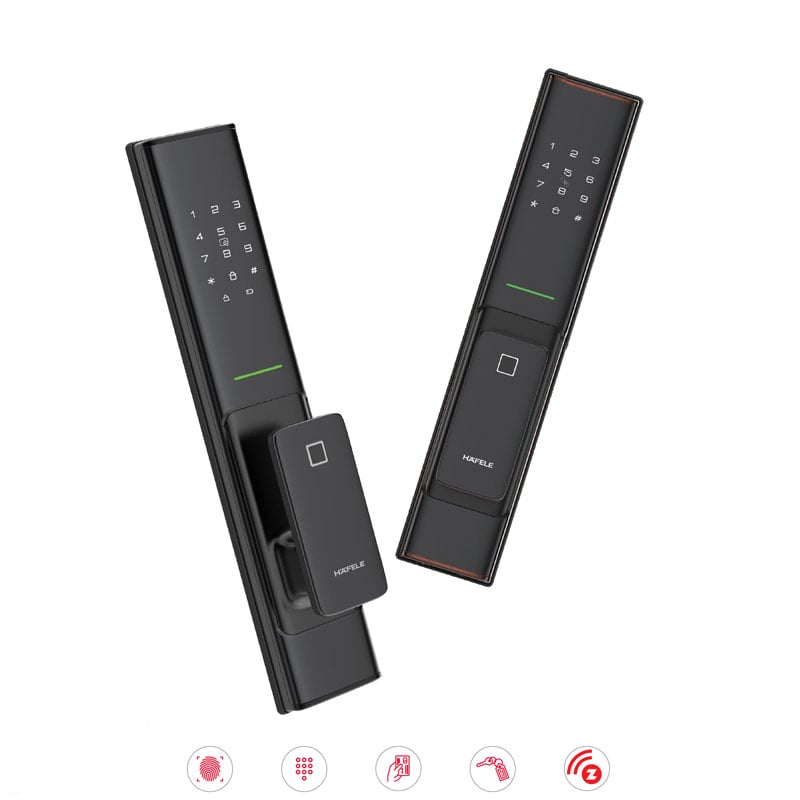 Khoá điện tử Hafele PP8100 - Vân tay, mã số, thẻ từ, Bluetooth 5 3. Khoá vân tay Hafele PP8100 sở hữu kiểu dáng sang trọng, hiện đại, thẩm mỹ