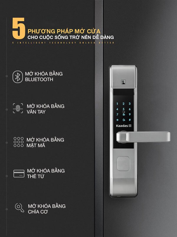 Khoá cửa vân tay, mã số, thẻ từ Kaadas 5011 4 2. Khoá thông minh Kaadas 5011 trang bị 6 phương thức mở khoá tiện lợi