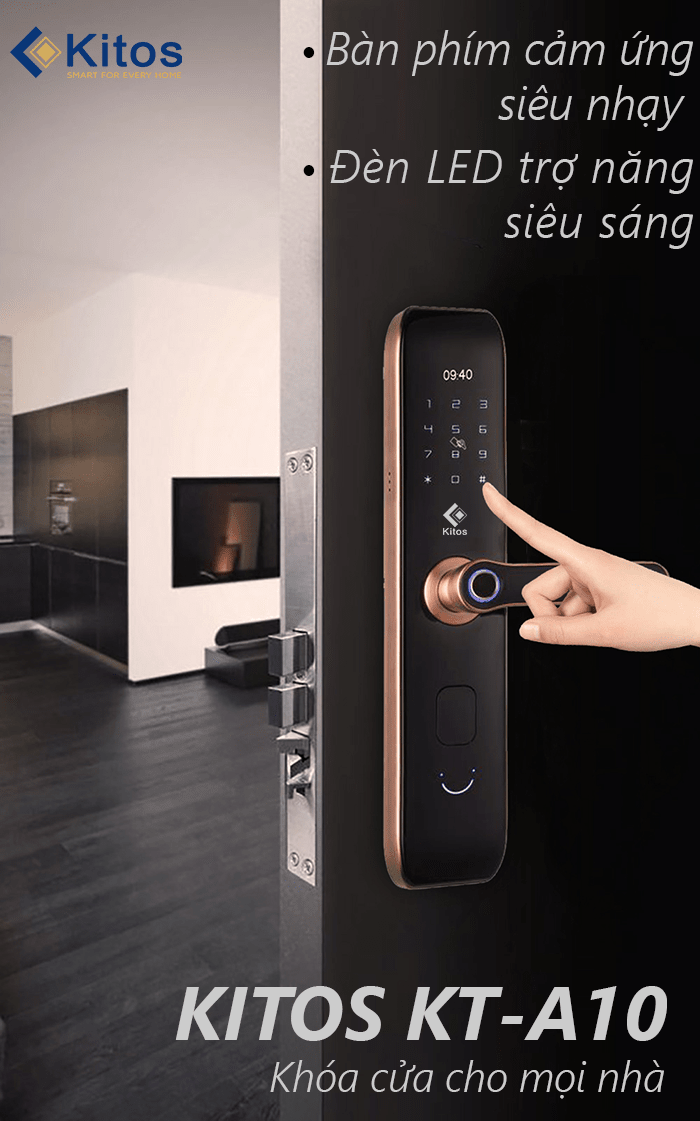 1. Khoá cửa vân tay Kitos KT-A10 Plus sở hữu kiểu dáng hiện đại, bền bỉ, thẩm mỹ cao