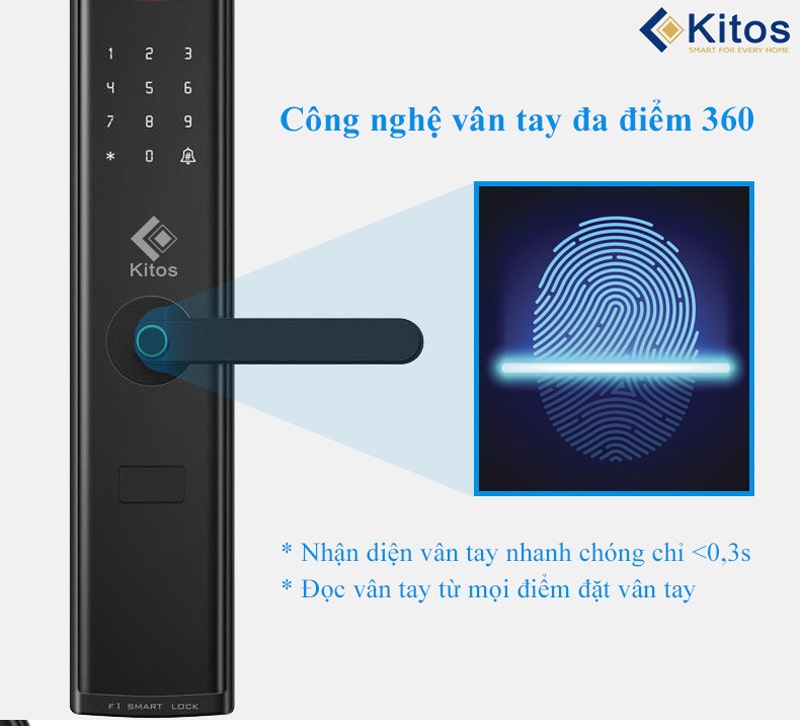 Khoá cửa vân tay Kitos KT-A30 7 4. Công nghệ vân tay đa điểm 360 có khả năng bảo mật cực cao