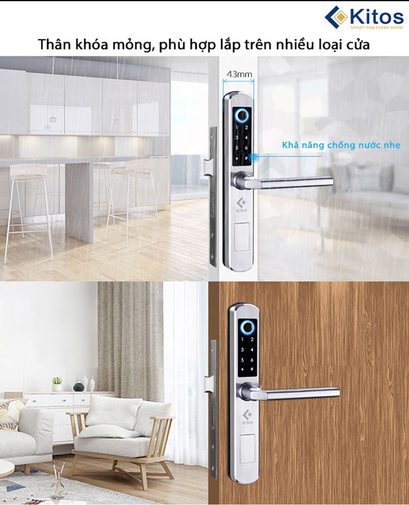 4. Khóa cửa vân tay, mã số, thẻ từ Kitos KT-AL450 lắp đặt trên nhiều kiến trúc và chất liệu cửa