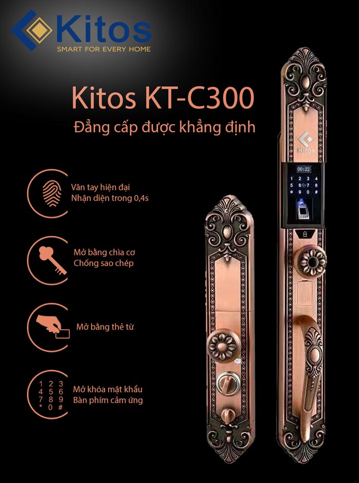 Khoá cửa vân tay Kitos KT-C300 - Mã Số - Thẻ Từ 5 3. Khoá cửa điện tử KT-C300 sở hữu 4 chức năng mở khoá tiện dụng