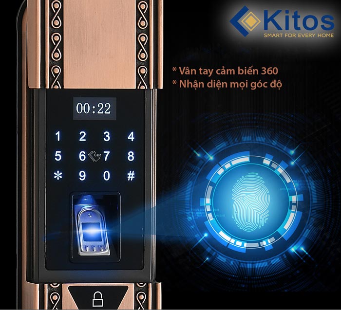 Khoá cửa vân tay Kitos KT-C300 - Mã Số - Thẻ Từ 6 4. Công nghệ vân tay đa điểm 360 siêu nhạy trên khoá thông minh Kitos KT C300