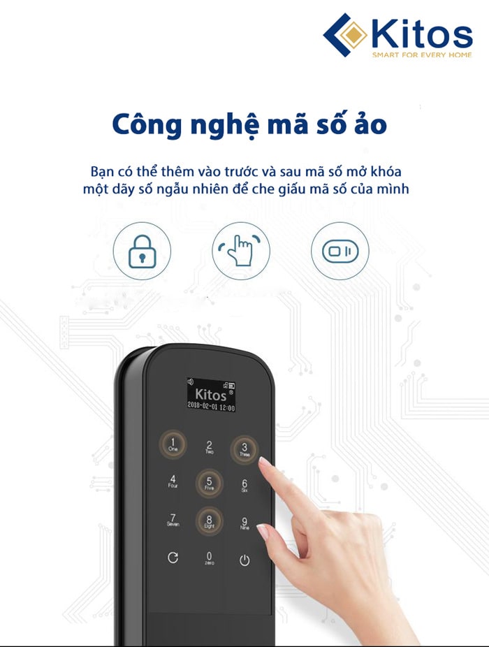 Khoá cửa thông minh Kitos KT-G600 - Vân tay, mã số, thẻ từ 12 6. Công nghệ mã số ảo tiện dụng trên khoá điện tử Kitos KT-G600