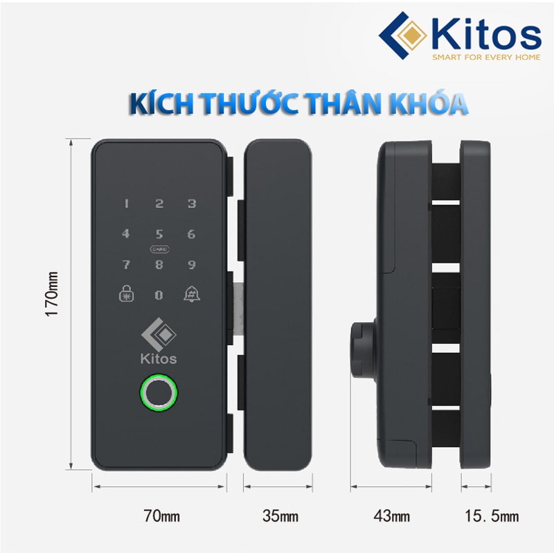 Khóa cửa kính Kitos KT-GL22 - Vân tay, mã số, thẻ từ 4 2. Khóa cửa kính Kitos KT-GL22 sở hữu thiết kế hiện đại, sang trọng, độ bền cao