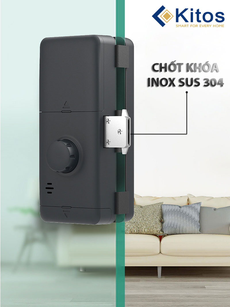 Khóa cửa kính Kitos KT-GL22 - Vân tay, mã số, thẻ từ 6 4. Khoá cửa thông minh KT-GL22 có chốt khoá bằng chất liệu inox bền bỉ
