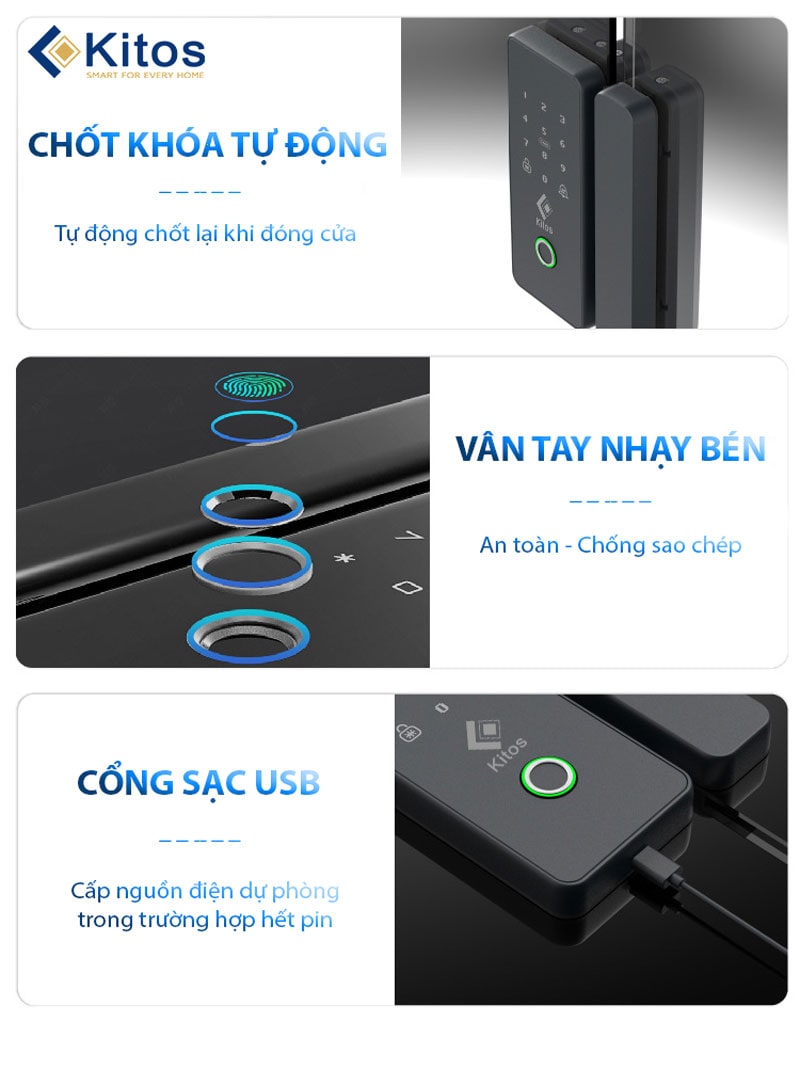 Khóa cửa kính Kitos KT-GL22 - Vân tay, mã số, thẻ từ 8 6. Các đặc điểm nổi bật trên khoá vân tay - mã số, thẻ từ Kitos KT-GL22