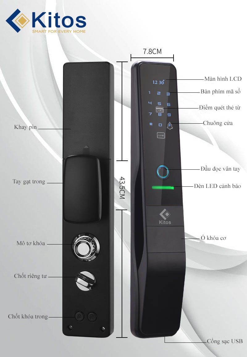 Khóa cửa vân tay Kitos KT-P830 2 1. Phác hoạ tổng quát khoá cửa vân tay Kitos KT-P830