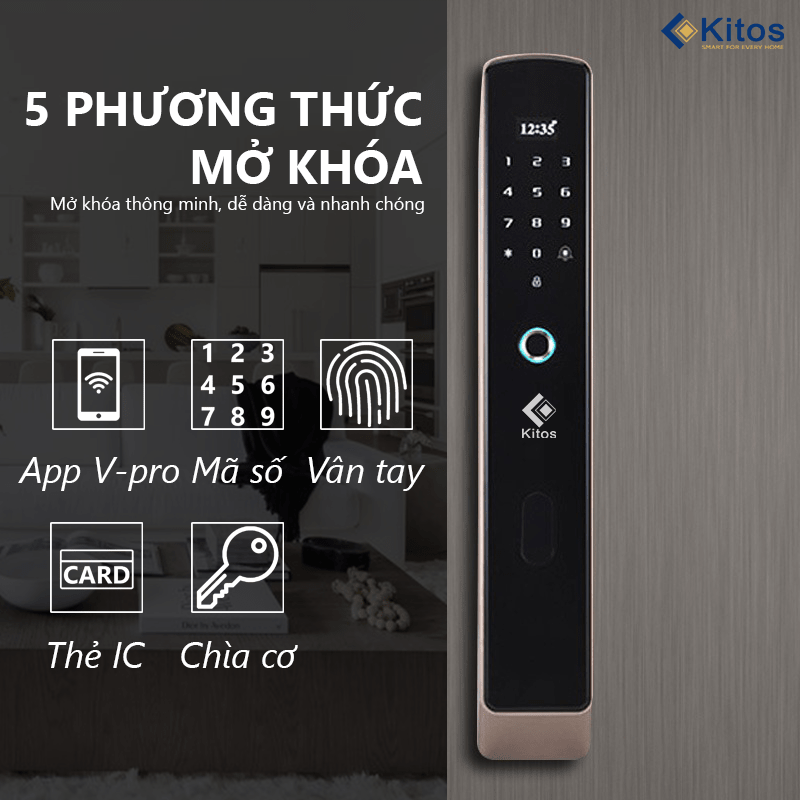 Khóa cửa vân tay Kitos KT-VPro 2 2. Hỗ trợ 5 cơ chế mở khóa: Vân tay/ Mật mã/ Thẻ từ/ Chìa cơ/ Bluetooth ( tính năng nâng cấp).