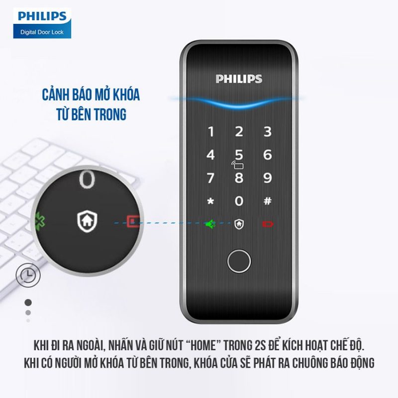 Khoá cửa vân tay Philips 5100-5H 8 Tính năng cảnh bảo nguy hiểm từ bên trong