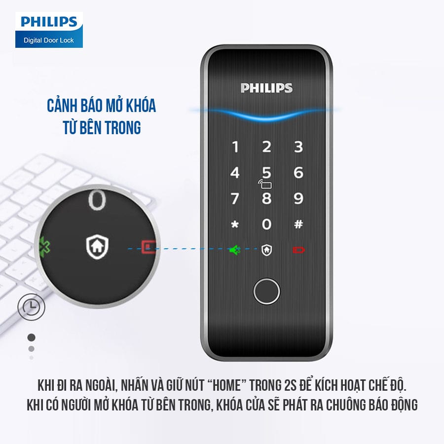 Khoá cửa vân tay Philips 5100-5HBKS 11 6. Cảnh báo nguy hiểm từ bên trong trên khoá điện tử Philips 5100-5HBKS