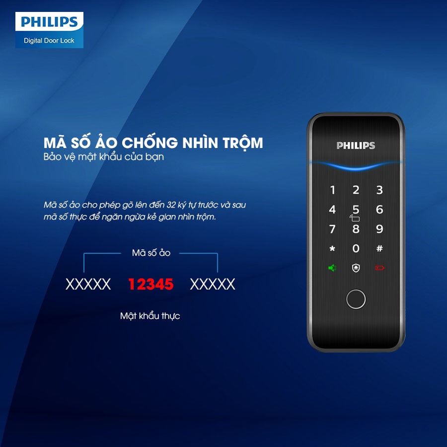 Khoá cửa vân tay Philips 5100-5HBKS 12 7. Khoá điện tử Philips 5100-5HBKS với mã số ảo chống nhìn trộm