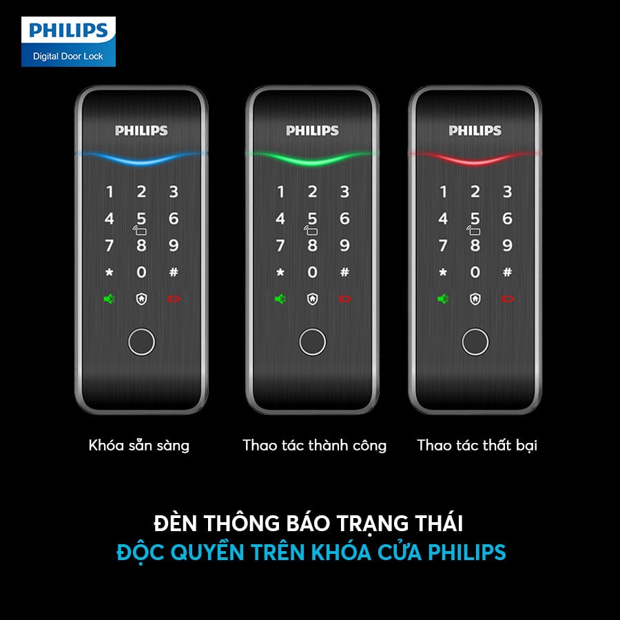 Khoá cửa vân tay Philips 5100-5HBKS 7 3. Đèn thông báo trạng thái sắc nét trên khoá thông minh Philips-5100 5HBKS