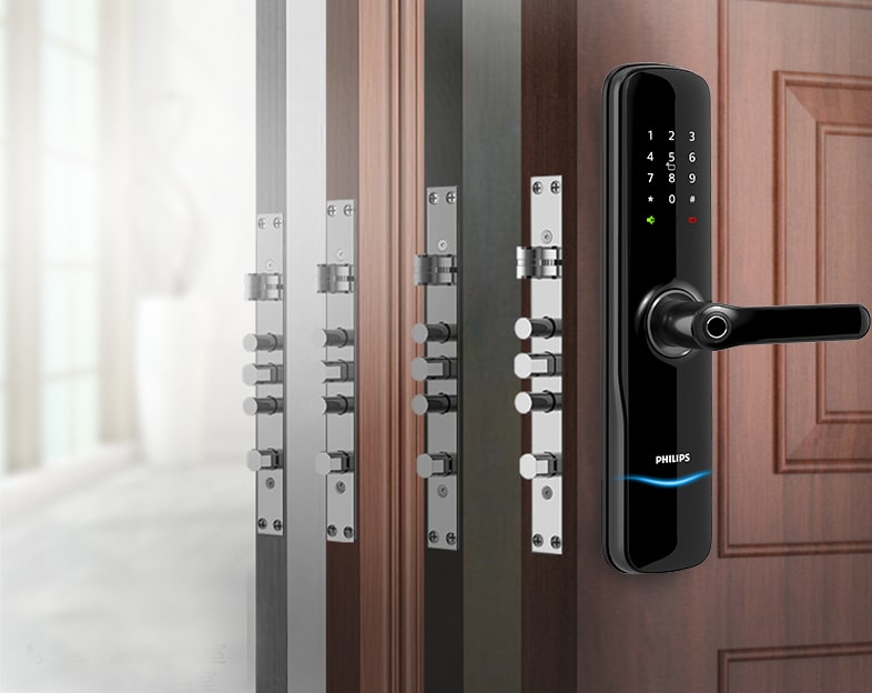 Khoá cửa vân tay Philips PI 6 3. Khoá cửa thông minh Philips PI phù hợp lắp đặt trên cửa gỗ, cửa sắt chống cháy