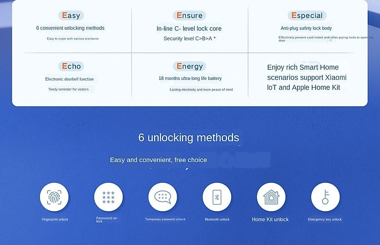Khóa cửa vân tay Xiaomi Smart Door Lock E 6 Mở khoá tiện lợi với 6 phương thức