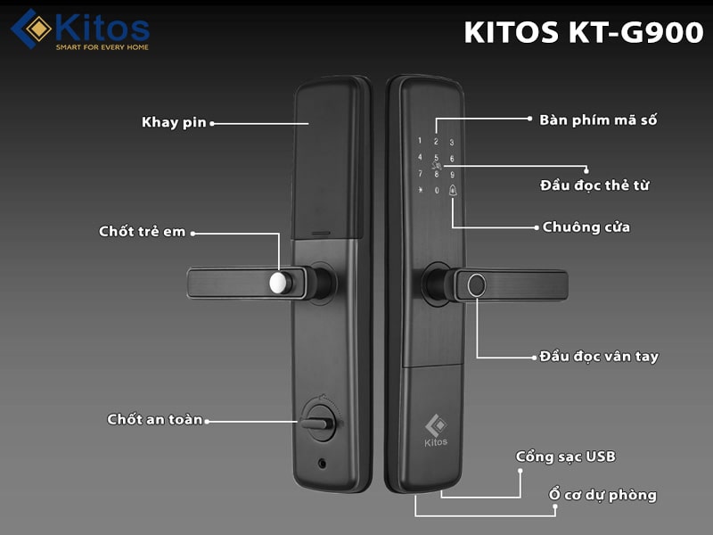 Khoá cửa thông minh Kitos KT-G900 có thiết kế hiện đại, tính thẩm mỹ cao
