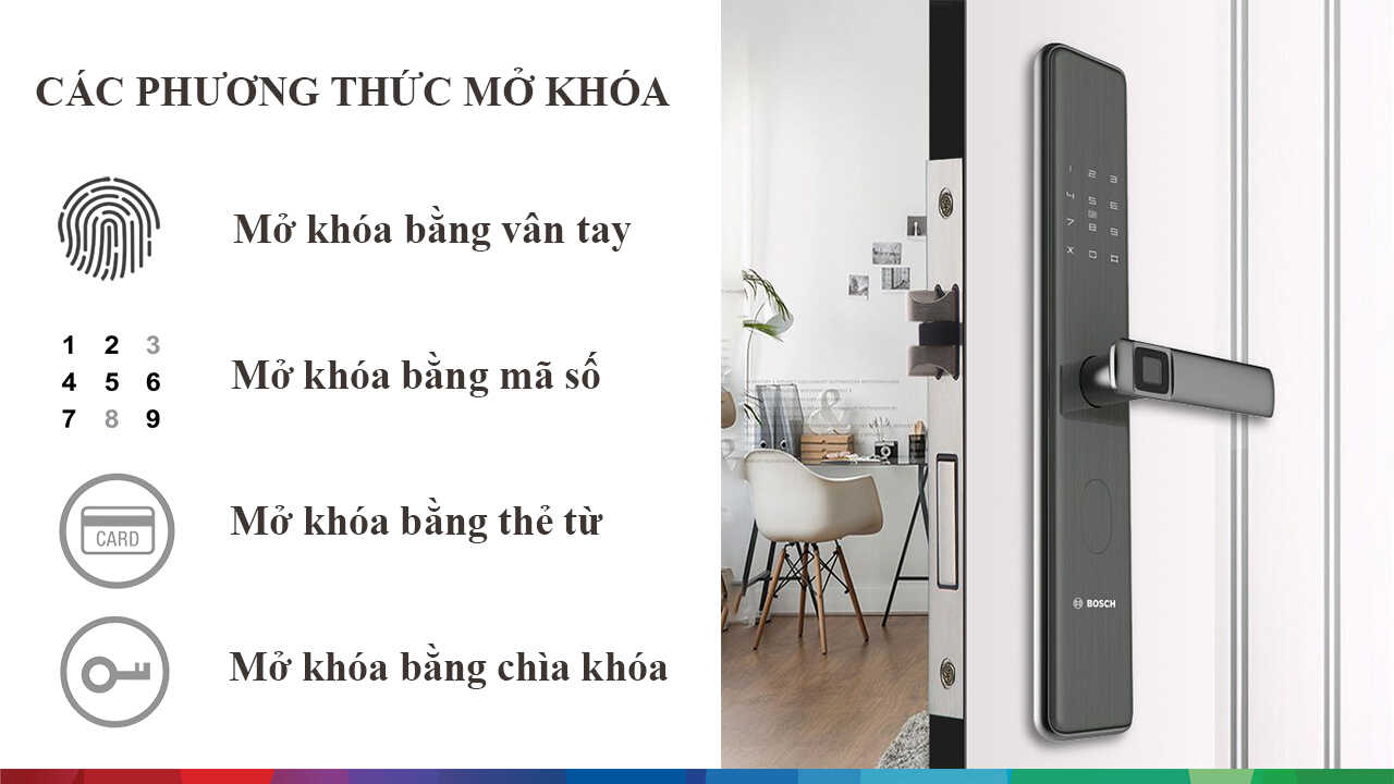 Khóa vân tay Bosch ID-30B (vàng đồng) 4 3. Khoá thông minh Bosch ID30 trang bị nhiều cách mở cửa khác nhau