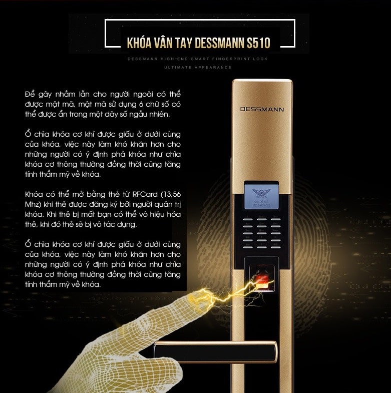 Khóa vân tay Dessmann S510 ( có 2 màu vàng - bạc ) 8 4. Tính bảo mật của khóa cửa Dessmann S510 luôn được người tiêu dùng đánh giá cao