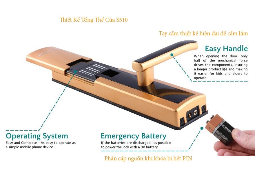 Khóa vân tay Dessmann S510 ( có 2 màu vàng - bạc ) 2 1. Khóa vân tay Dessmann S510 sở hữu thiết kế vỏ ngoài từ hợp kim cao cấp cùng màu sắc thời trang, hiện đại