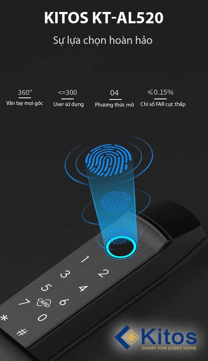 2. Khóa điện tử Kitos KT-GL50 mở khóa với đầu đọc vân tay thông minh