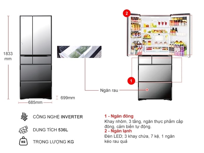 6. Kích thước tủ lạnh 6 cánh Hitachi