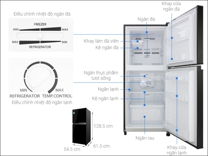 Kích thước tủ lạnh 2 cánh Toshiba