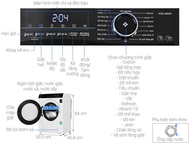 1. Hình ảnh tổng quát máy giặt Aqua inverter 8Kg AQD-A800F W