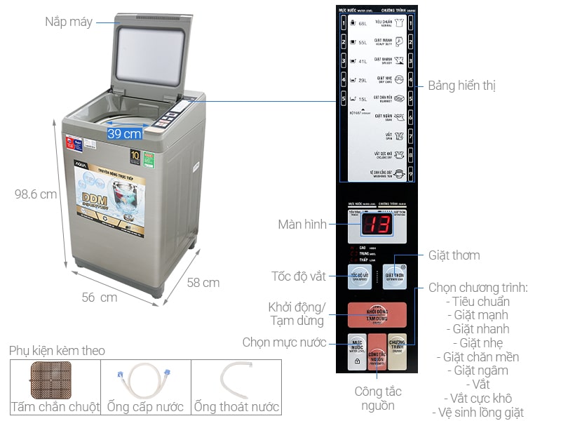 1. Hình ảnh tổng quát máy giặt Aqua inverter 9Kg AQW-DK90CT S