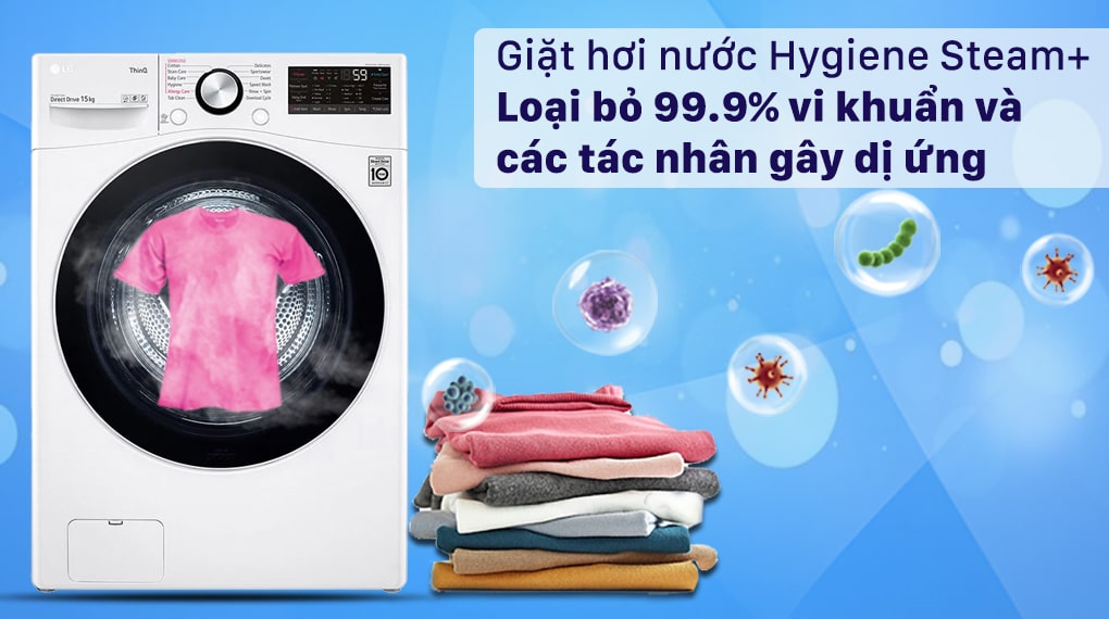Công nghệ giặt hơi nước Steam+ giúp diệt khuẩn, ngừa dị ứng trên máy giặt LG F2515STGW