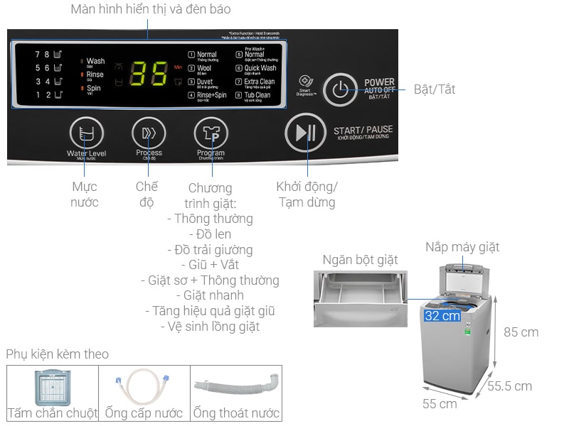 Hình ảnh tổng quát máy giặt LG inverter 8kg T2108VSPM2 