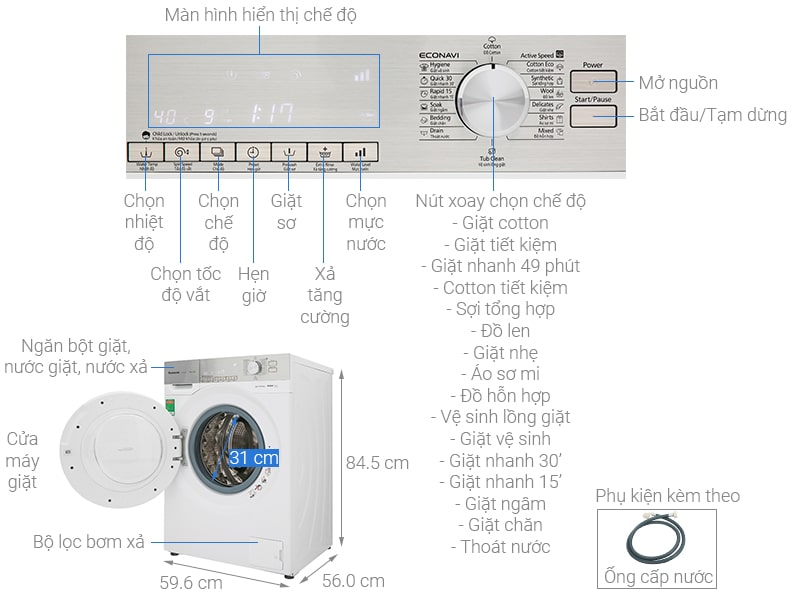 Phác hoạ tổng quát máy giặt Panasonic inverter 9Kg NA-129VG6WV2