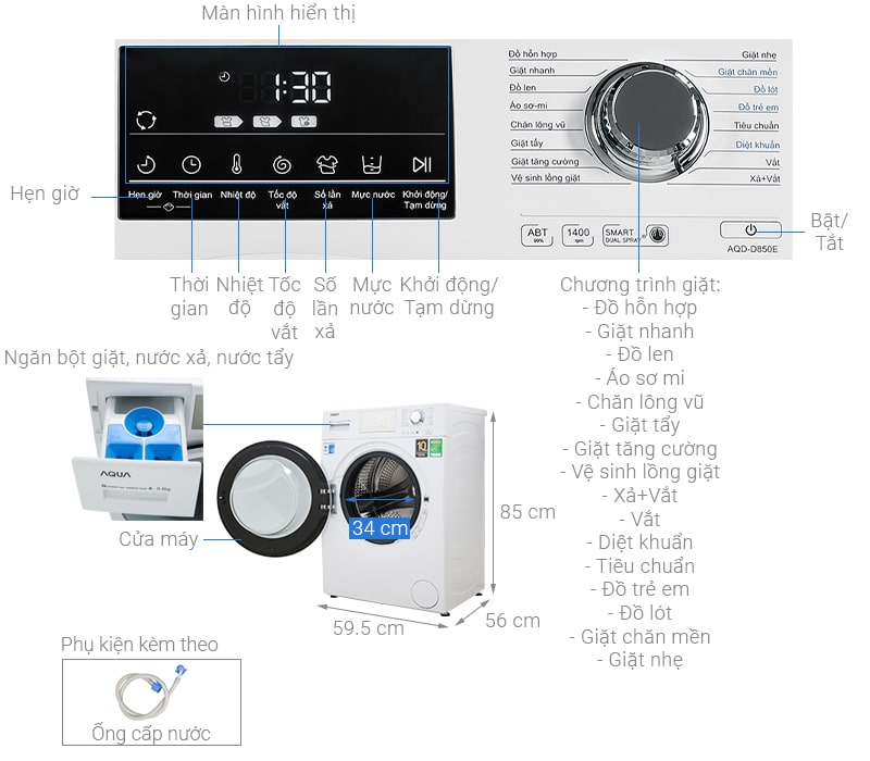 1. Phác hoạ tổng quát máy giặt Aqua inverter 8.5kg AQD-D850E W
