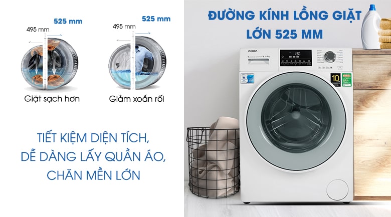 3. Lồng giặt lớn 525 mm tiện ích trên máy giặt lồng ngang AQD-D850E W