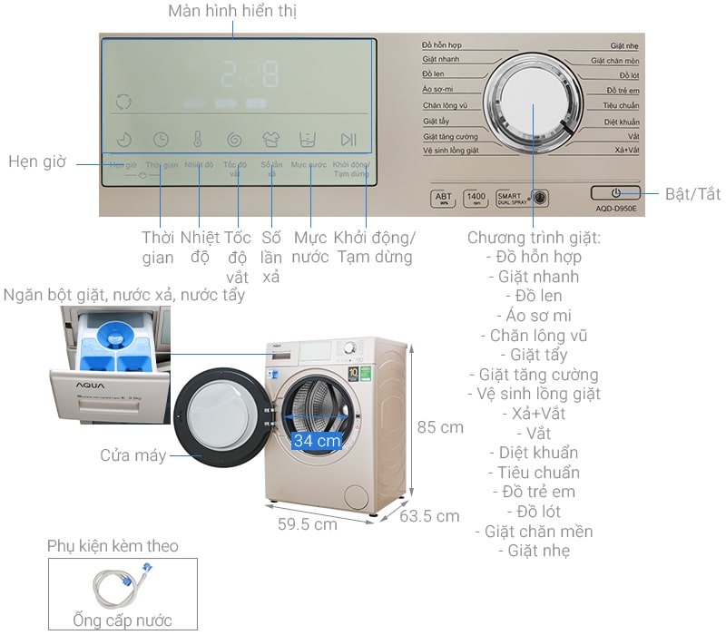 1. Hình ảnh tổng quát máy giặt Aqua inverter 9,5kg AQD-D950E N 