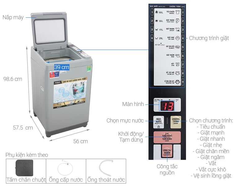 1. Phác hoạ tổng quan máy giặt Aqua 8 Kg AQW-S80CT H2