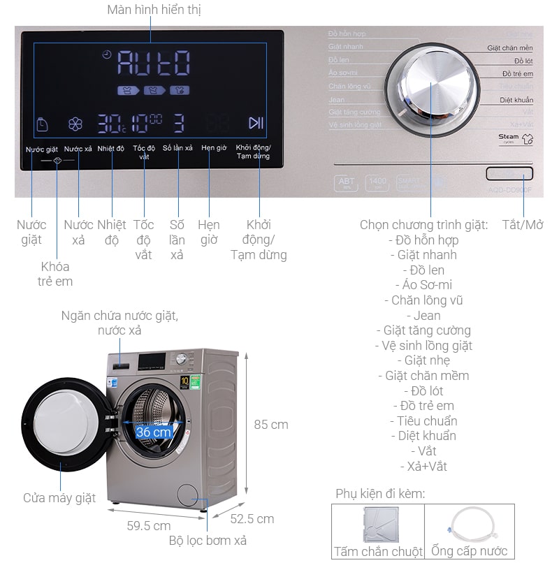 Phác hoạ tổng quát máy giặt Aqua Inverter 9 Kg AQD-DD900F N