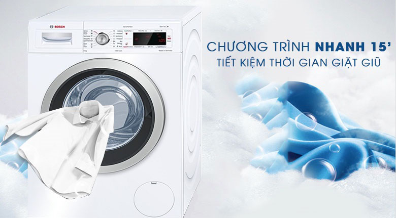 Chương trình giặt 15 phút nhanh chóng, tiện lợi trên máy giặt Bosch WAW28480 SG