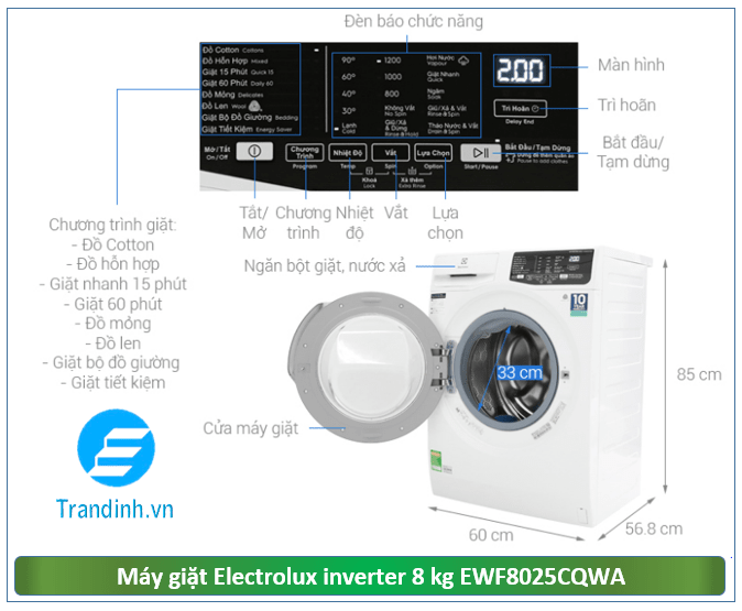  Hình ảnh tổng quát máy giặt Electrolux inverter 8 kg EWF8025CQWA