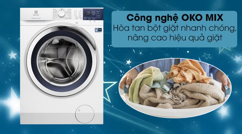 7. Công nghệ OKO MIX hòa tan bột giặt nhanh chóng, nâng cao hiệu quả giặt sạch