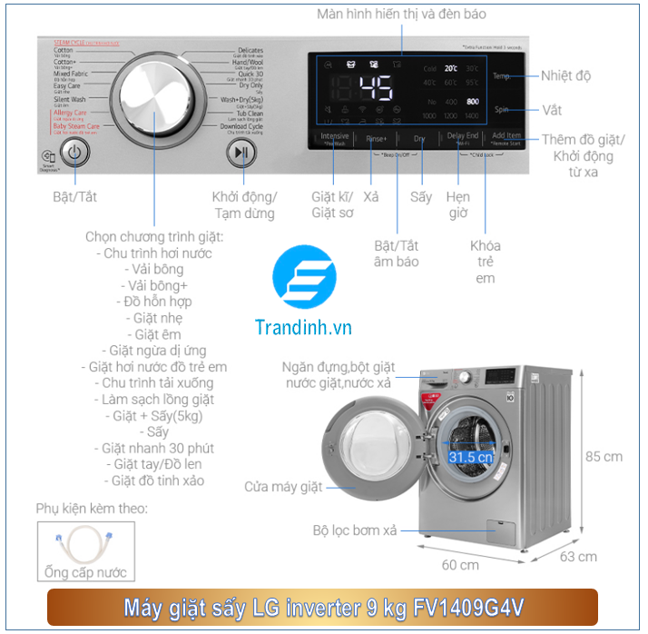 Hình ảnh tổng quát máy giặt sấy LG inverter 9kg FV1409G4V