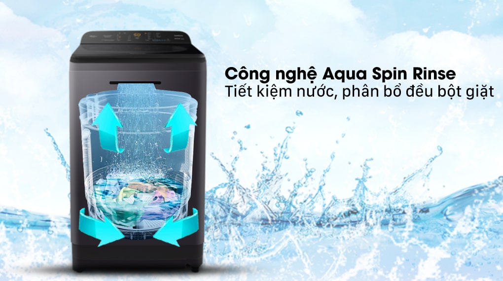8. Công nghệ xả nước Aqua Spin Rinse giúp quần áo thấm đều nước và chất giặt tẩy