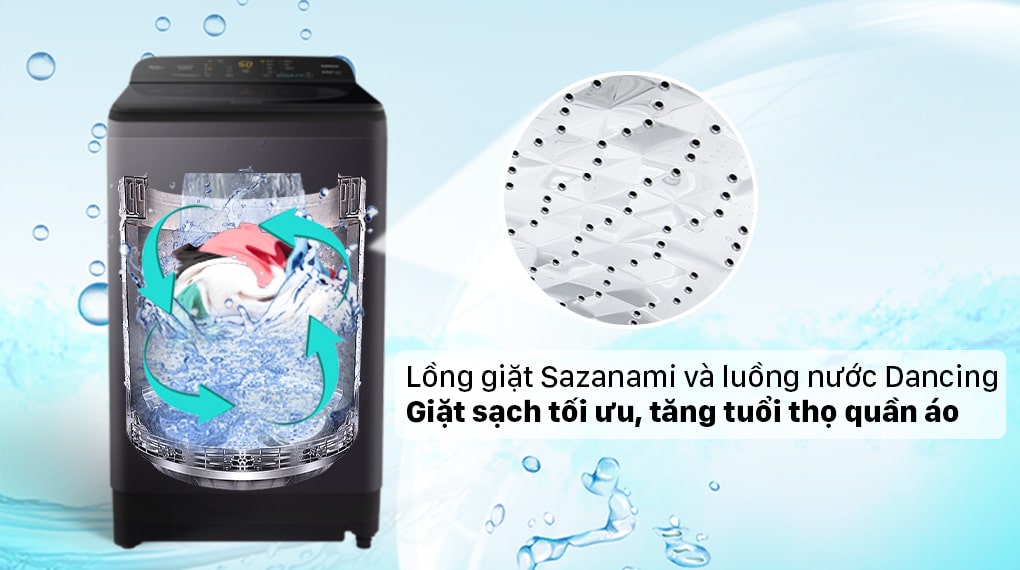 Lồng giặt Sazanami kết hợp luồng nước Dancing Water Flow bảo vệ quần áo hiệu quả