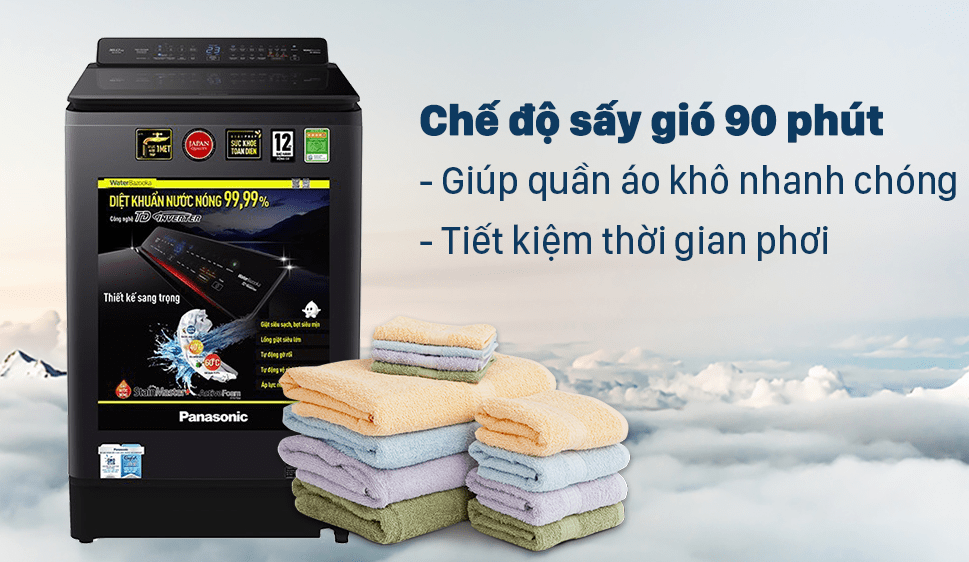 Chế độ sấy gió 90 phút giúp quần áo khô nhanh chóng