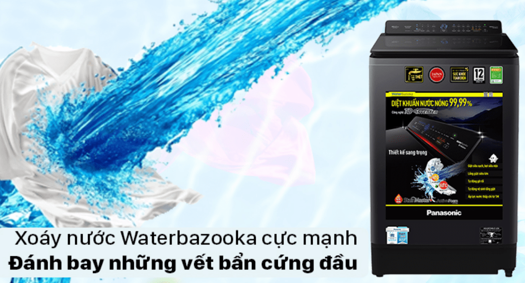 Máy giặt Panasonic NA FD16V1BRV với hiệu ứng thác nước đôi Dual Power Cascade cùng xoáy nước WaterBazooka giúp đánh bay vết bẩn cứng đầu