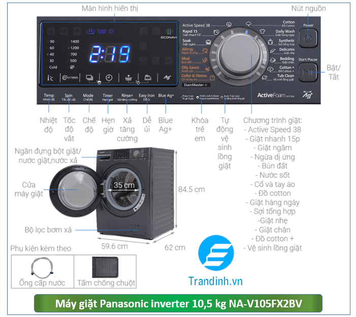 Phác hoạ tổng quát máy giặt Panasonic Inverter 10.5 Kg NA-V105FX2BV