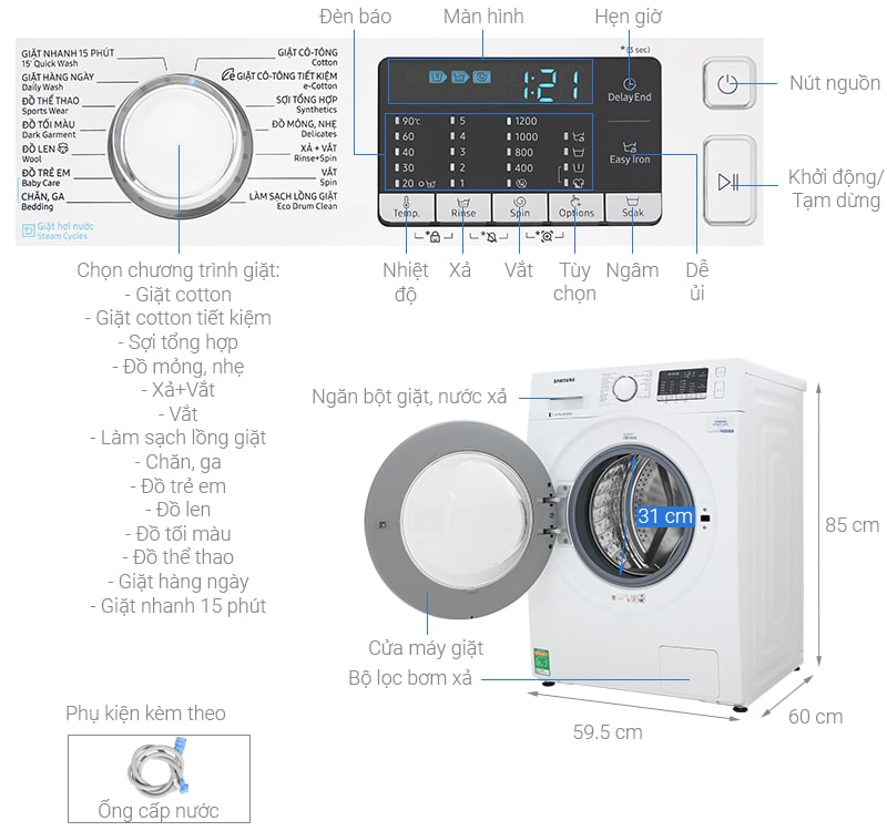 Phác hoạ tổng quát máy giặt Samsung inverter 8kg WW80J52G0KW/SV