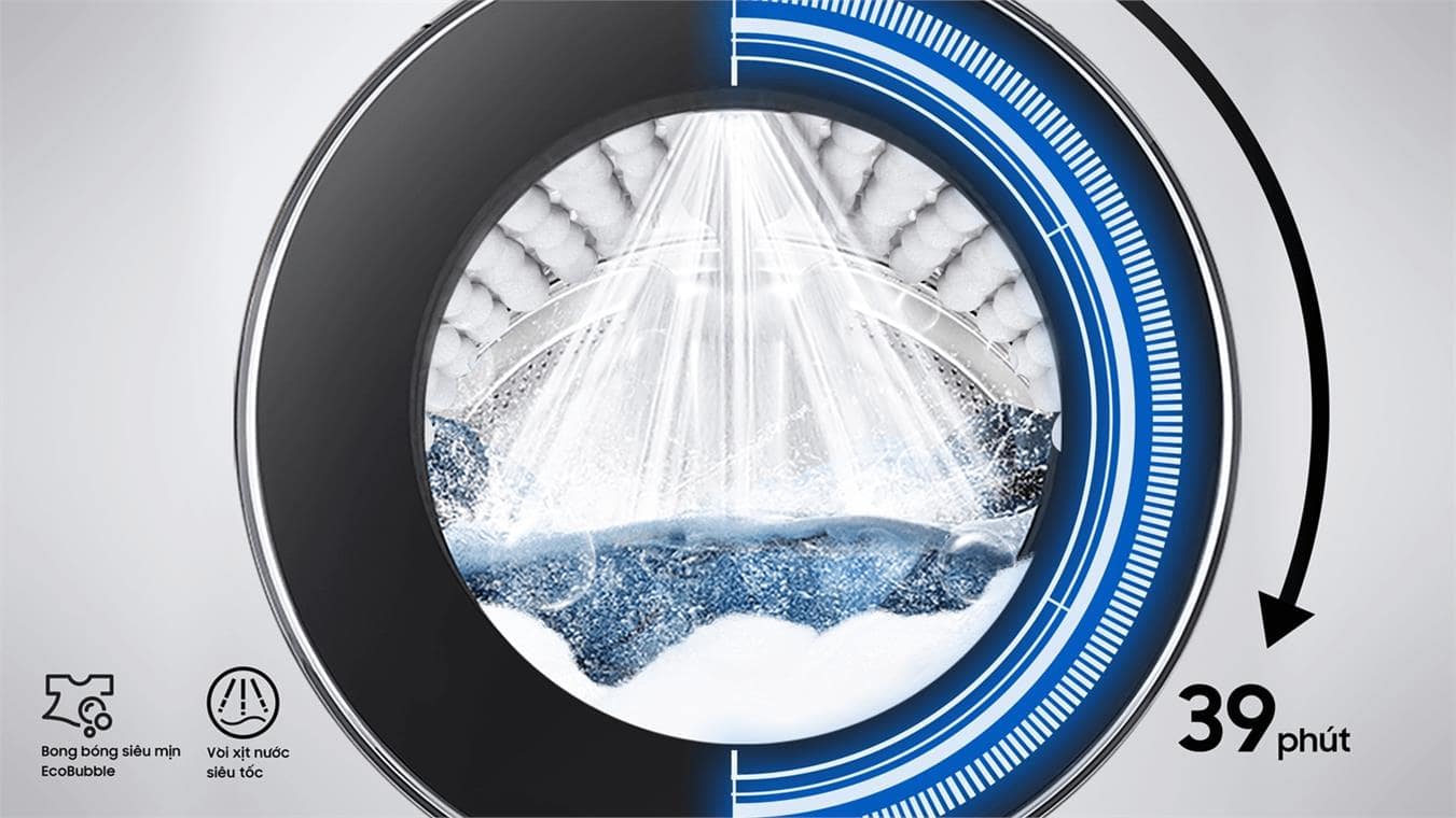 3. Giặt siêu tốc QuickDrive chỉ 39 phút trên máy giặt Samsung WW90TP54DSB SV