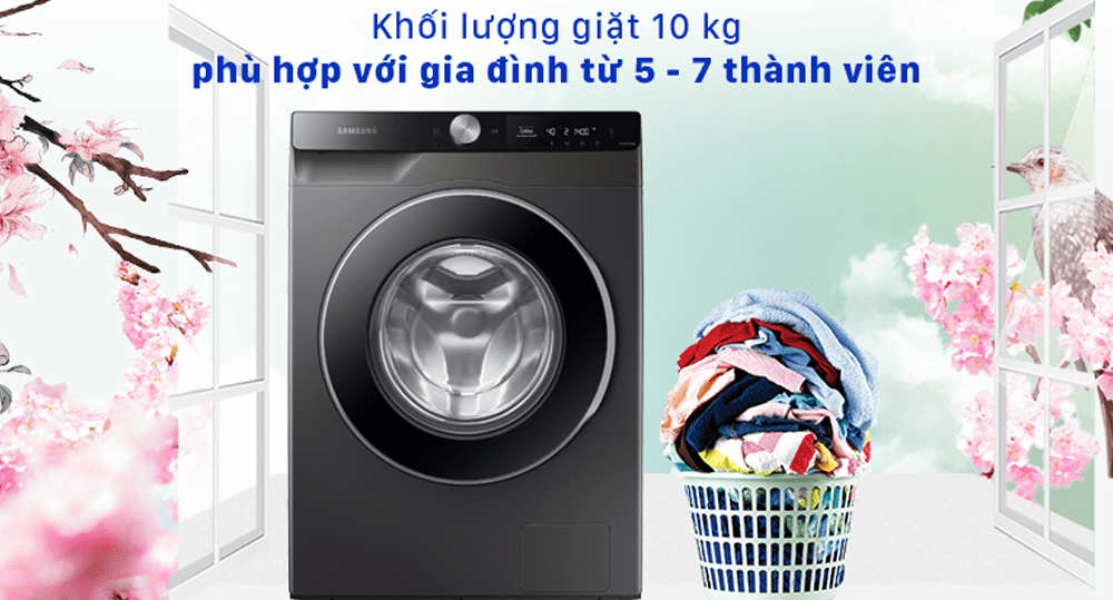Máy giặt WW10T634DLX/SV giá rẻ có thiết kế hiện đại, khối lượng giặt 10 kg phù hợp với gia đình từ 5 - 7 người.